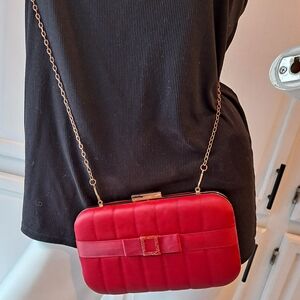 Red Hardbodied Clutch with Rhinestone Bow and Chain Strap